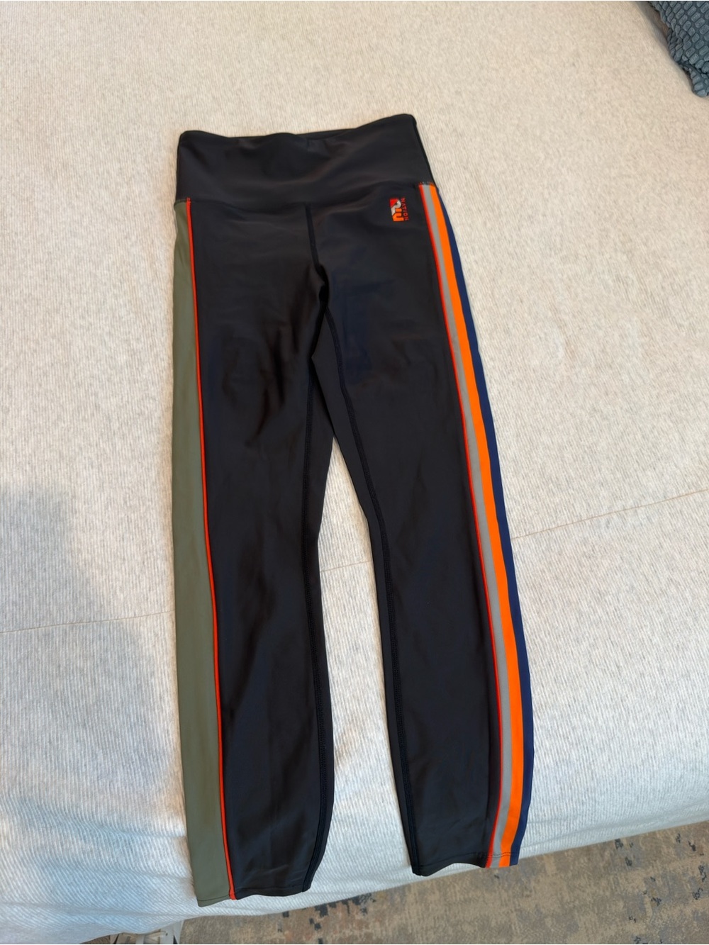 Women’s Black Leggings with Olive Panel and Orange & Blue Stripes